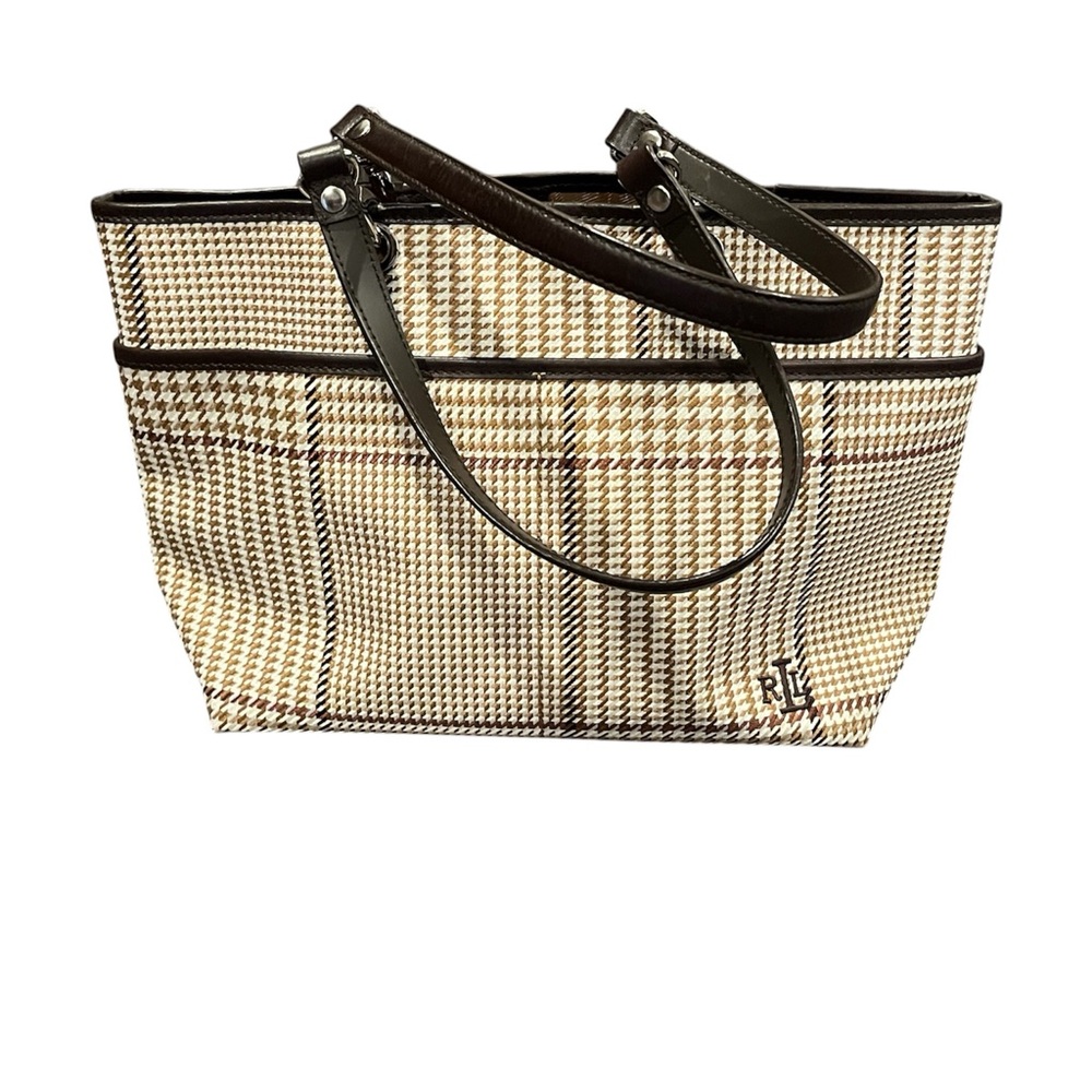 SOLD! Ralph Lauren Plaid Beige Tote with Dark Brown Trim.  NWOT